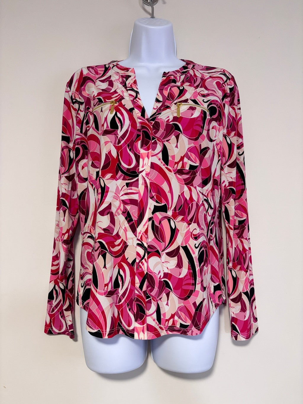 INC International Concepts Small Petite Pink Abstract Print Zip Pocket Top NWT