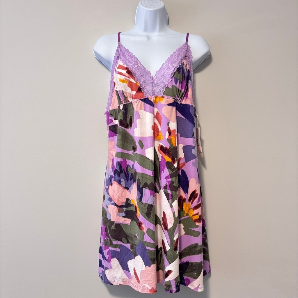 Linea Donatella Women's L Purple Printed Lace-Trim Soft & Stretchy Chemise NWT