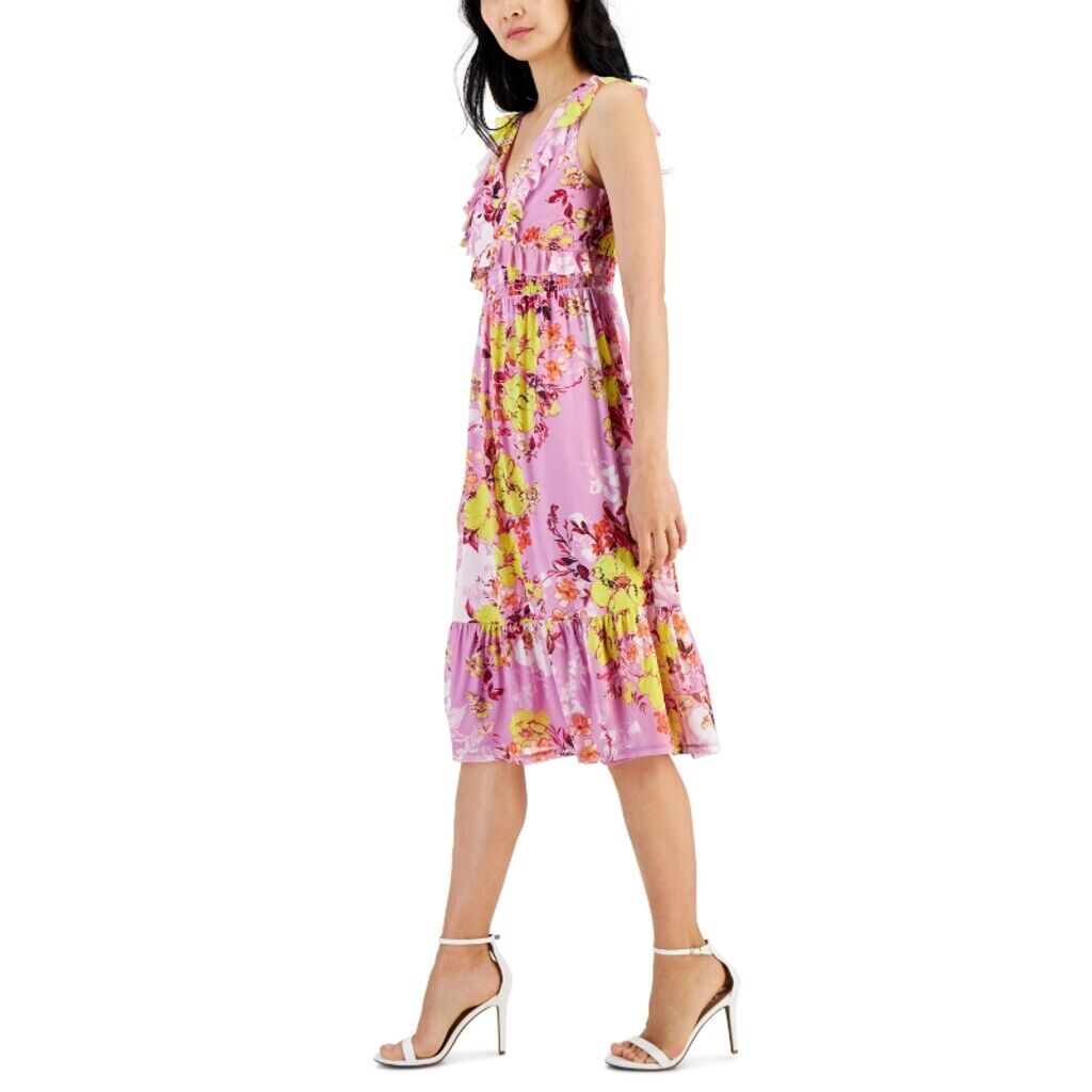 Tinsel Medium Petite Purple/Pink Floral-Print Ruffle-Trim Midi Summer Dress NWT