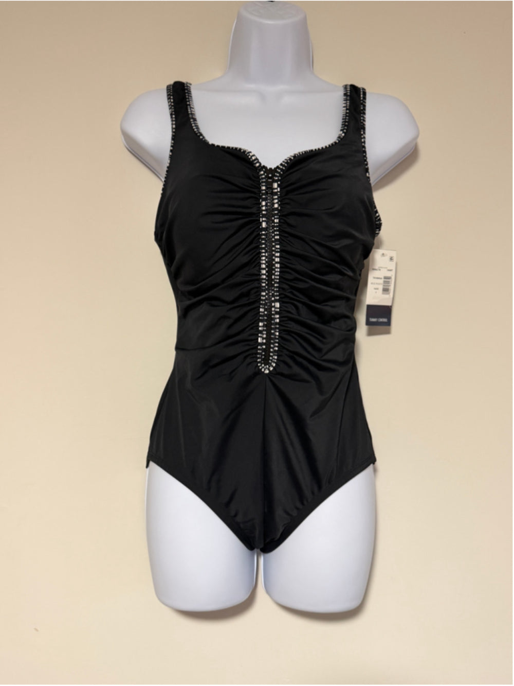 Swim Solutions Women's Size 8 Black Shirred Zip-Front One-Piece Swimsuit NWT