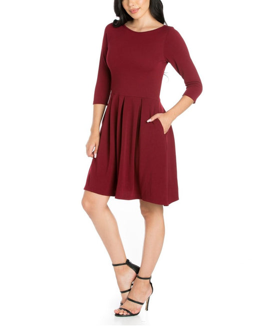 24seven Comfort Apparel Small Burgundy Fit & Flare Pocket Midi Dress NWT