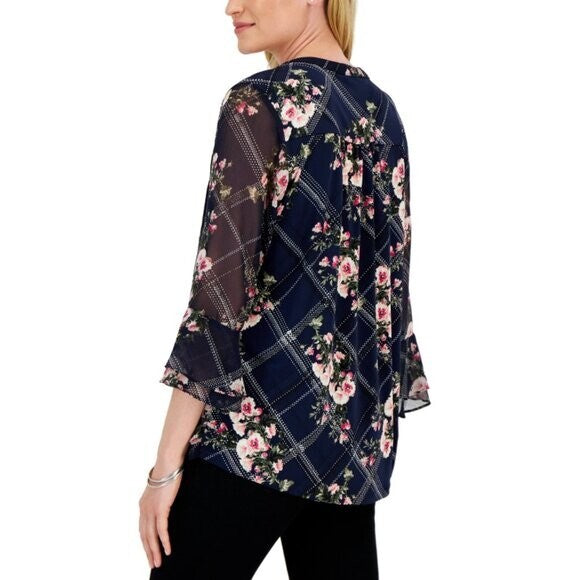 Charter Club Women's Size Small Navy Etching Garden Pink Floral Print Top NWT