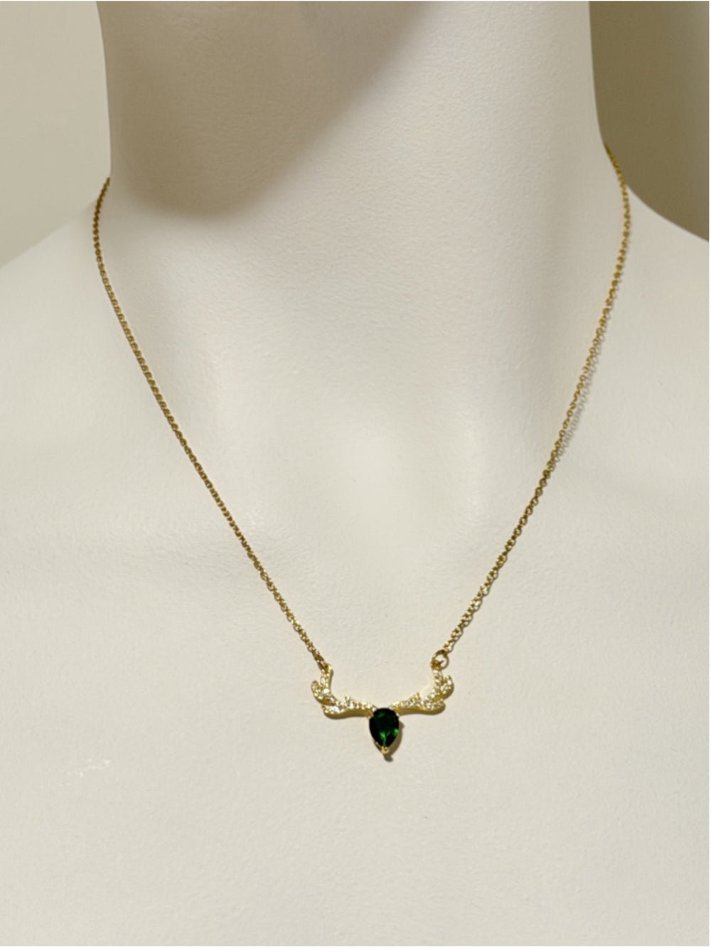Gold Tone Antler Pendant Necklace w/ Green & White Cubic Zirconia Stones NWT