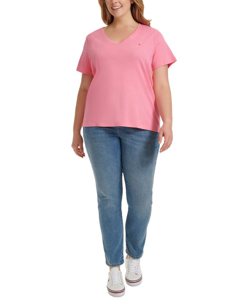 Tommy Hilfiger Plus Size 2X Pink V-Neck Flag Logo Tee 100% Cotton T-Shirt NWT
