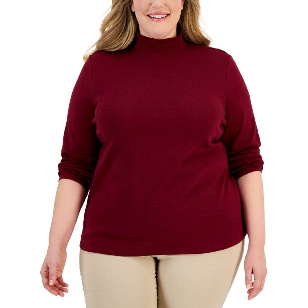 Karen Scott Plus Size 2X Burgundy 100% Cotton Mock-Neck Long Sleeve Top NWT