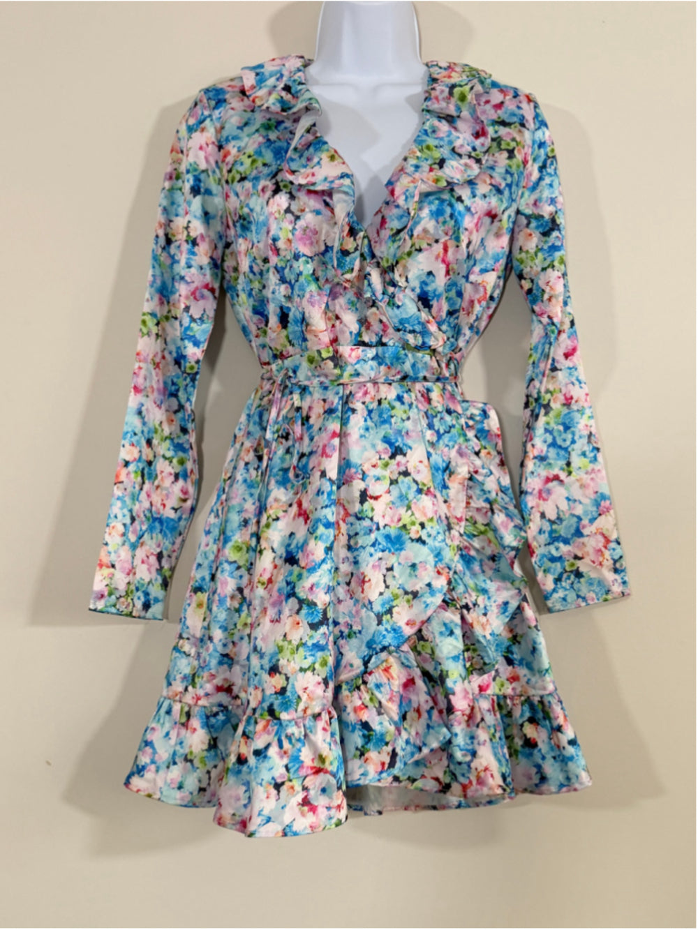 Bar III Women's XSP Blue Floral Ruffled V-Neck Long-Sleeve Wrap Dress NWT