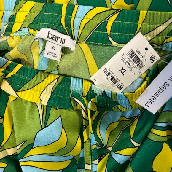 Bar III Women's XL Floral-Print Bright Green High-Rise Pull-On Satin Pants NWT