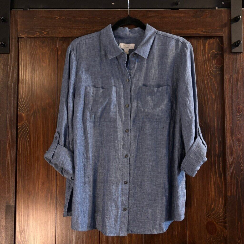 Charter Club Women's Size Petite Blue 100% Linen Button-Down Shirt NWT