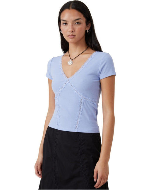 COTTON ON Women's Extra Small Periwinkle Blue Lace Trim Cropped T-shirt NWT