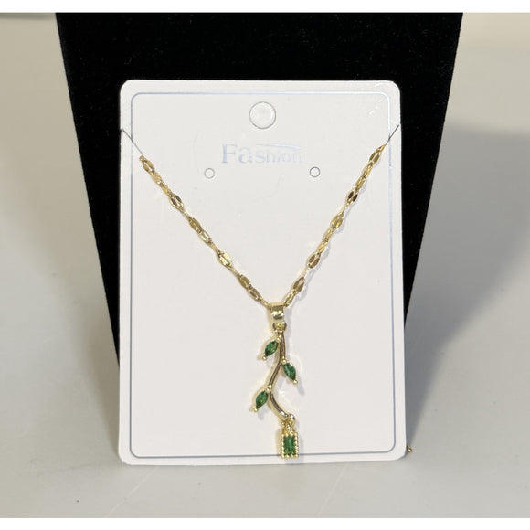 Gold and Green Green Leaf Drop Pendant Necklace - Cubic Zirconia Stones NWT