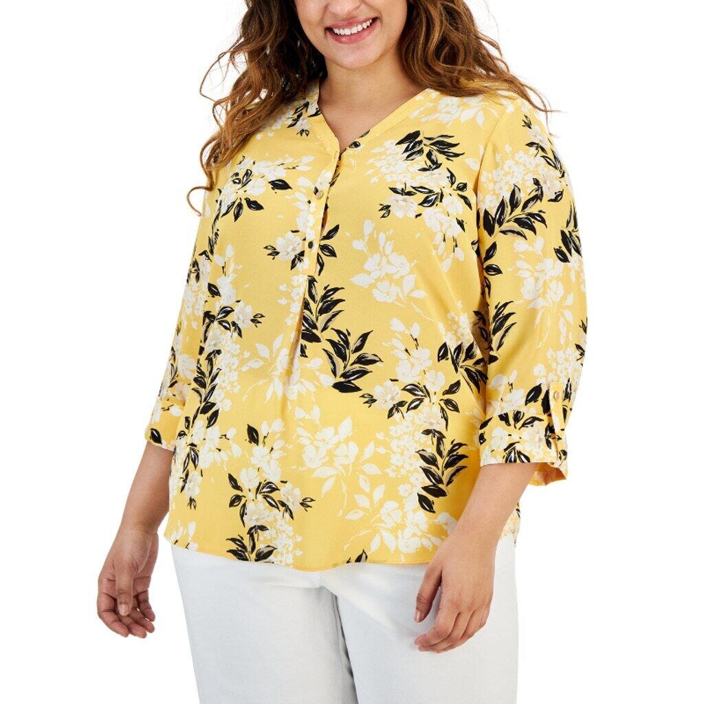 JM Collection Women's Large Petite White Floral Printed Yellow Utility Top NWT