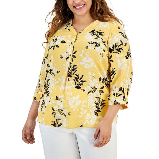 JM Collection Women's Large Petite White Floral Printed Yellow Utility Top NWT