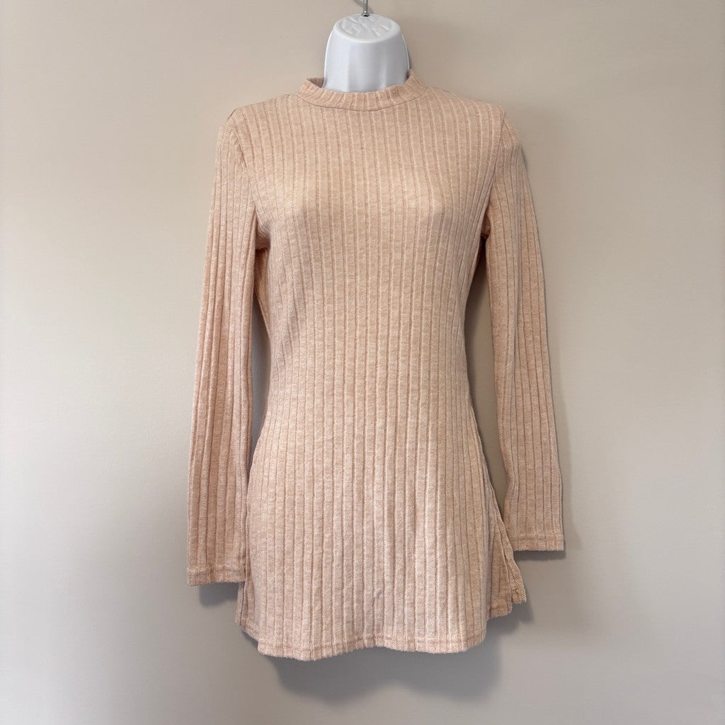 Shein Women's Medium Beige Ribbed Long Sleeve Tunic Knit Top NIB