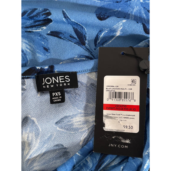 Jones New York Extra Small Petite Blue Floral Crewneck 3/4-Sleeve Blouse NWT