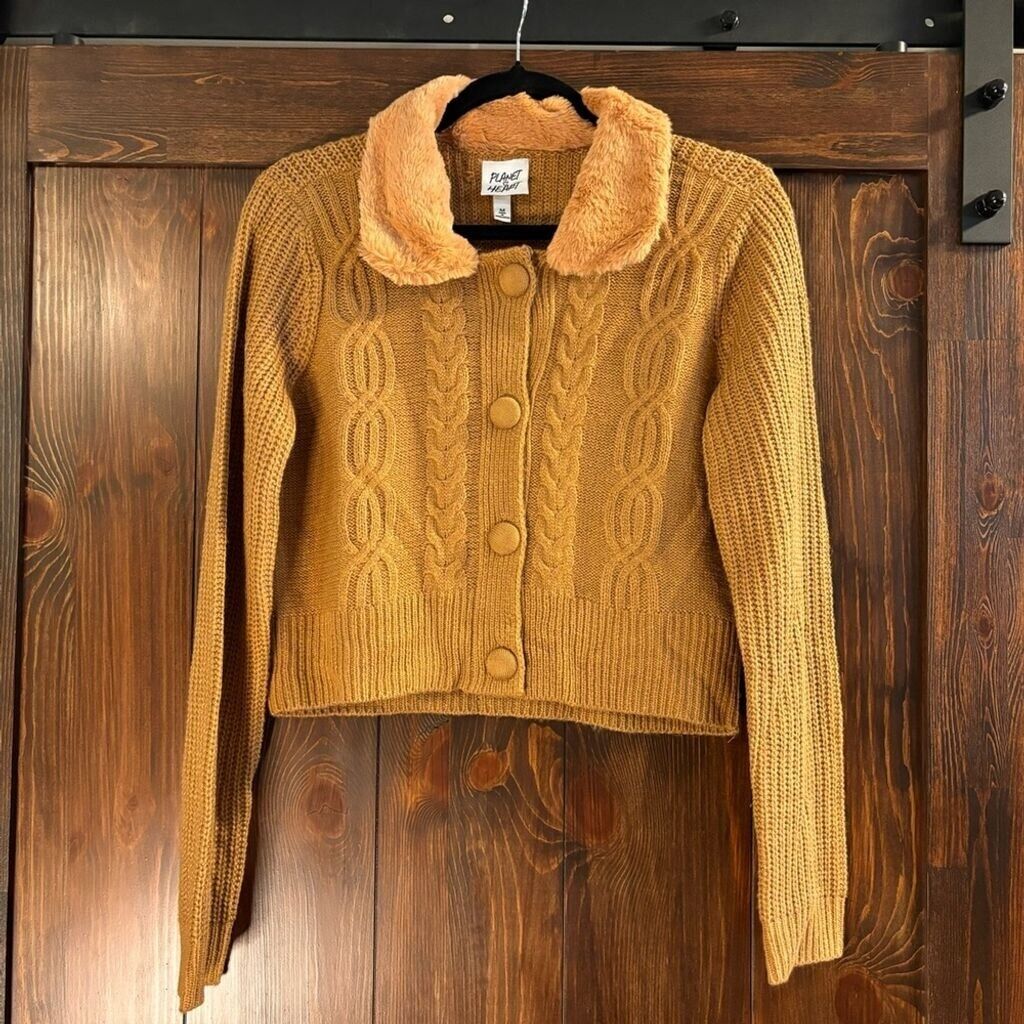 PLANET GOLD / PLANET HEART Juniors' M Cable-Knit Faux-Fur Collar Cardigan NWOT