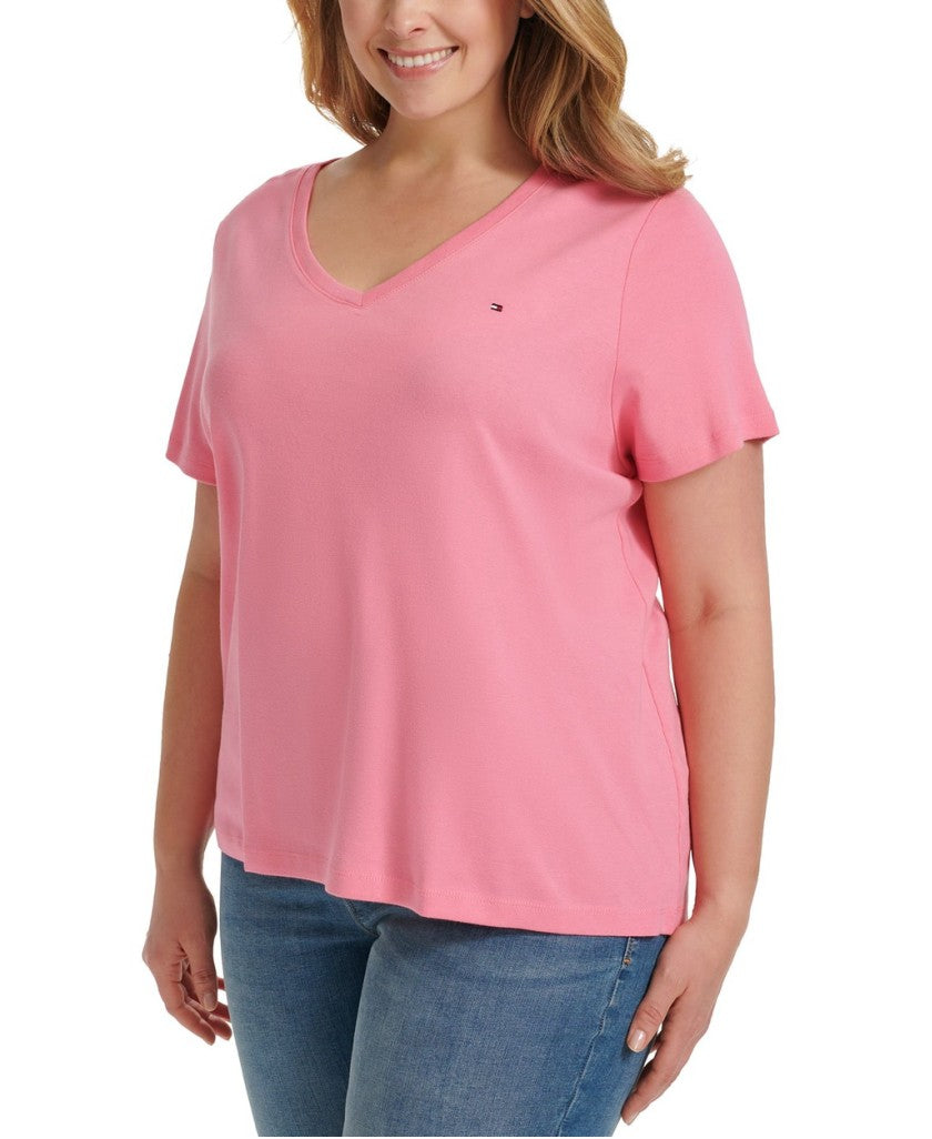 Tommy Hilfiger Plus Size 2X Pink V-Neck Flag Logo Tee 100% Cotton T-Shirt NWT