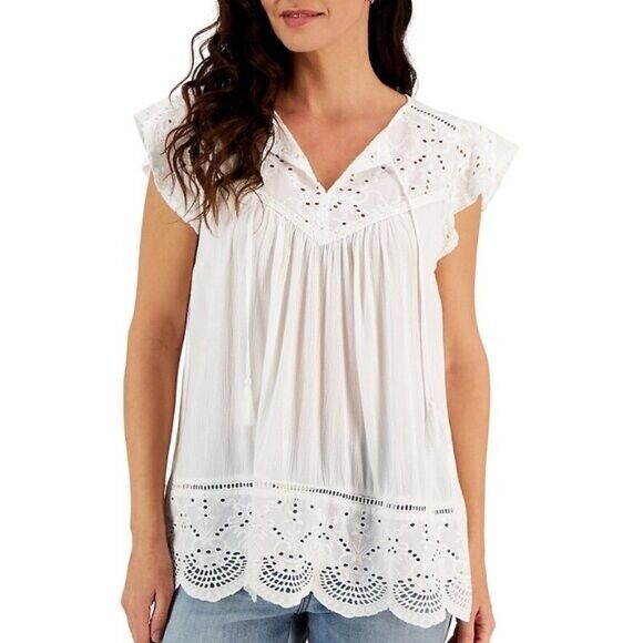 Style & Co. Petite Medium White Eyelet Lace Sleeveless Peasant Blouse NWT