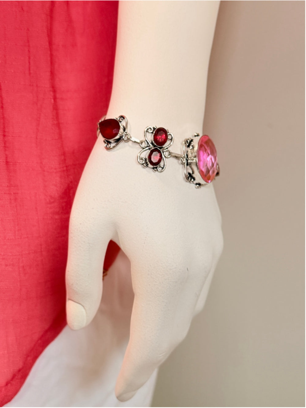 Pink Topaz & Red Garnet Gemstone 925 Silver Plated Bracelet NWT
