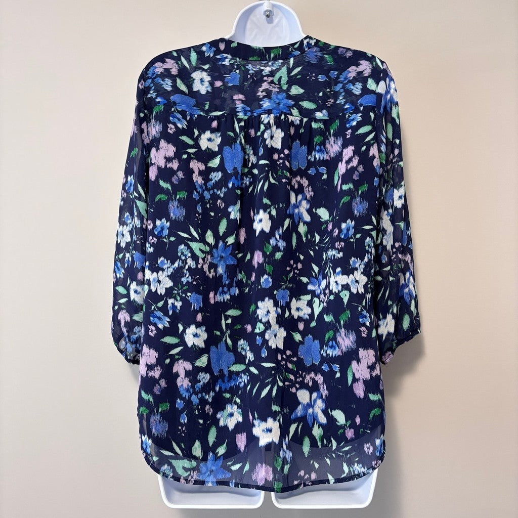 Jones New York Women's Petite Small Blue Floral-Print V-Neck 3/4-Sleeve Top NWT