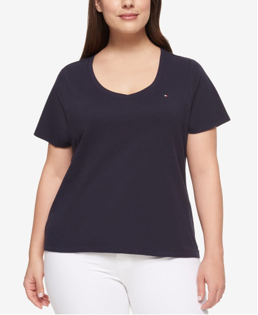 Tommy Hilfiger Plus Size 1X Navy Blue V-Neck Short Sleeve 100% Cotton Tee NWT