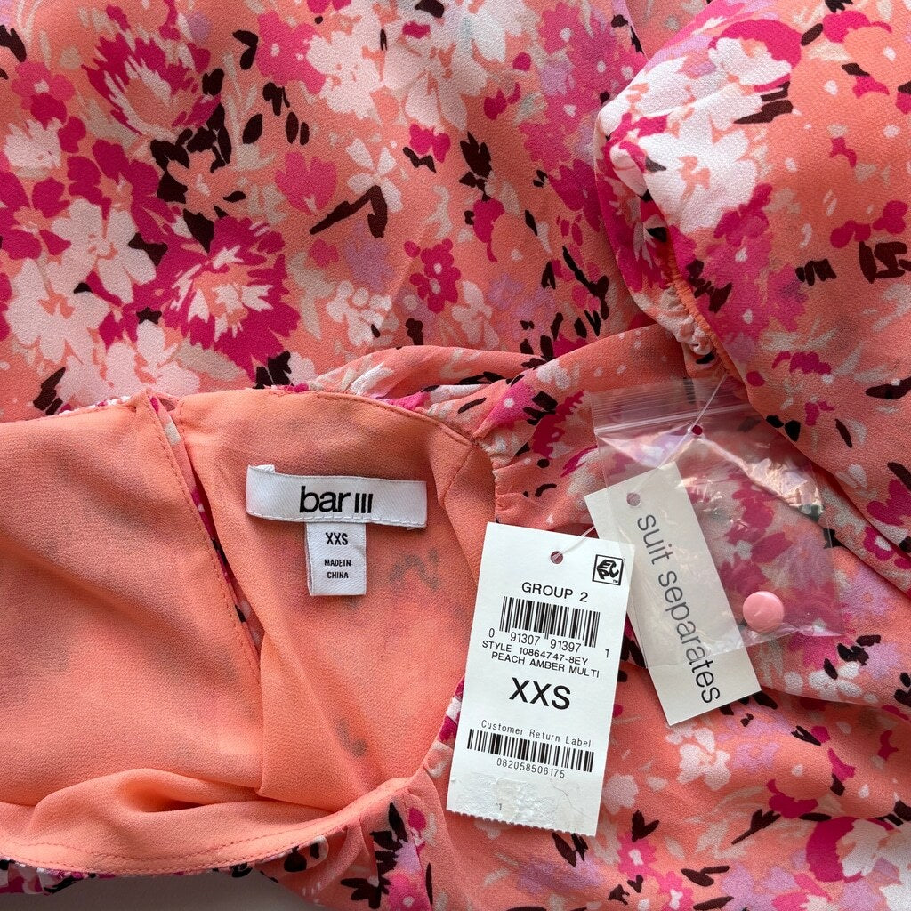 Bar III Women's XXS Pink Floral Print Boat Neck Chiffon Peasant Top NWT