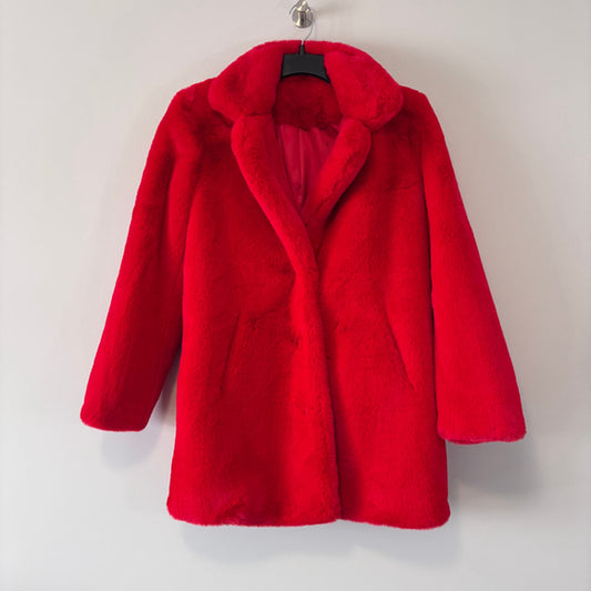 Apparis Women's Faux Fur Red Soft Mid-Length Statement Teddy Coat NWOT