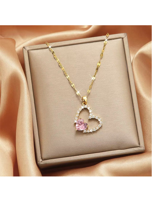 Gold Coloured Necklace with Heart Charm w/ White and Pink Crystals NWT