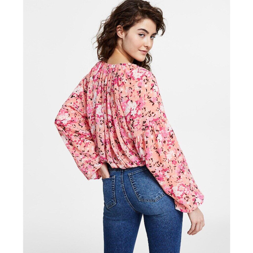 Bar III Women's XXS Pink Floral Print Boat Neck Chiffon Peasant Top NWT