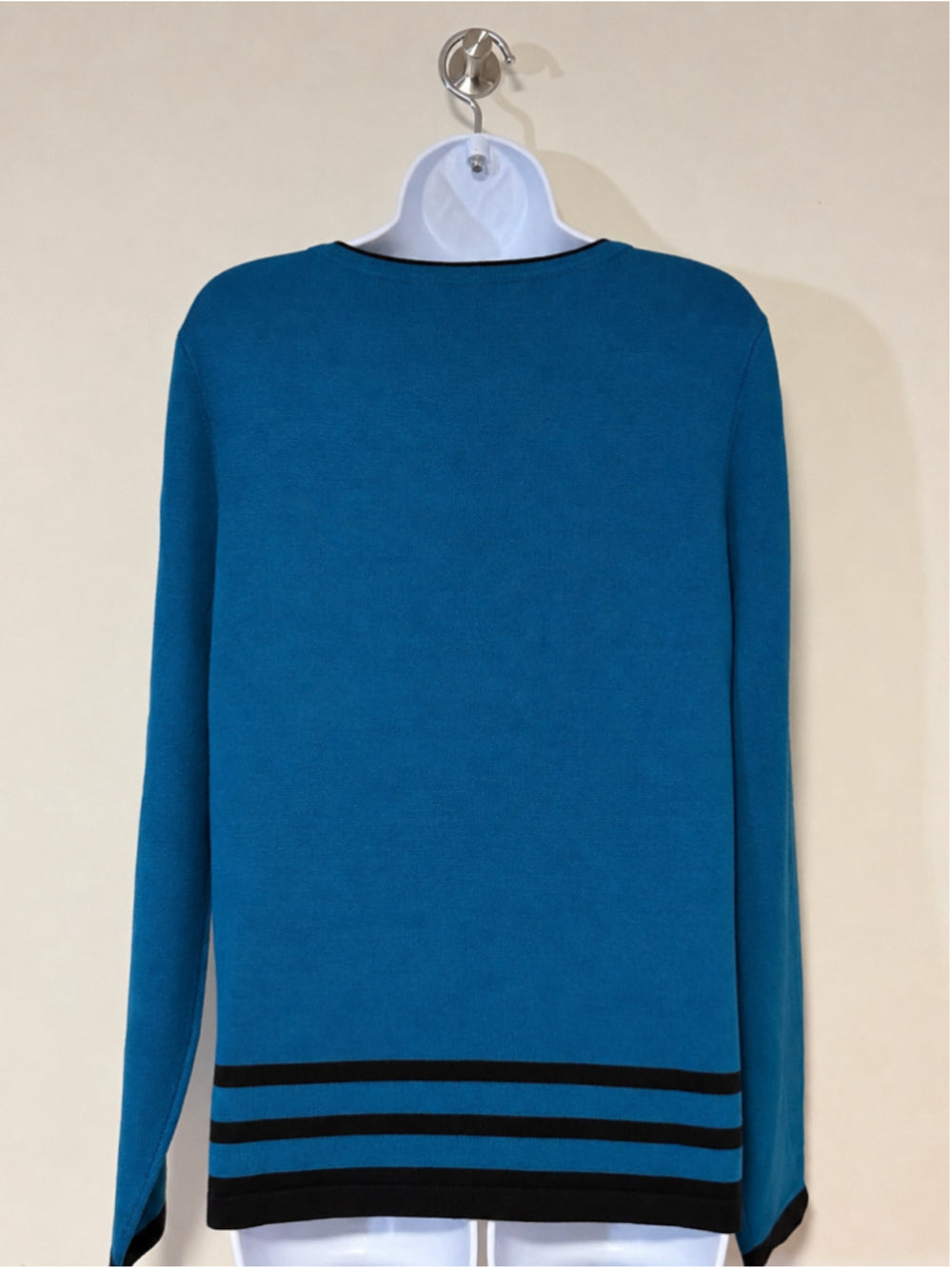 Karen Scott Size Large Blue Teal w/ Black Trim Button Front Cardigan Sweater NWT