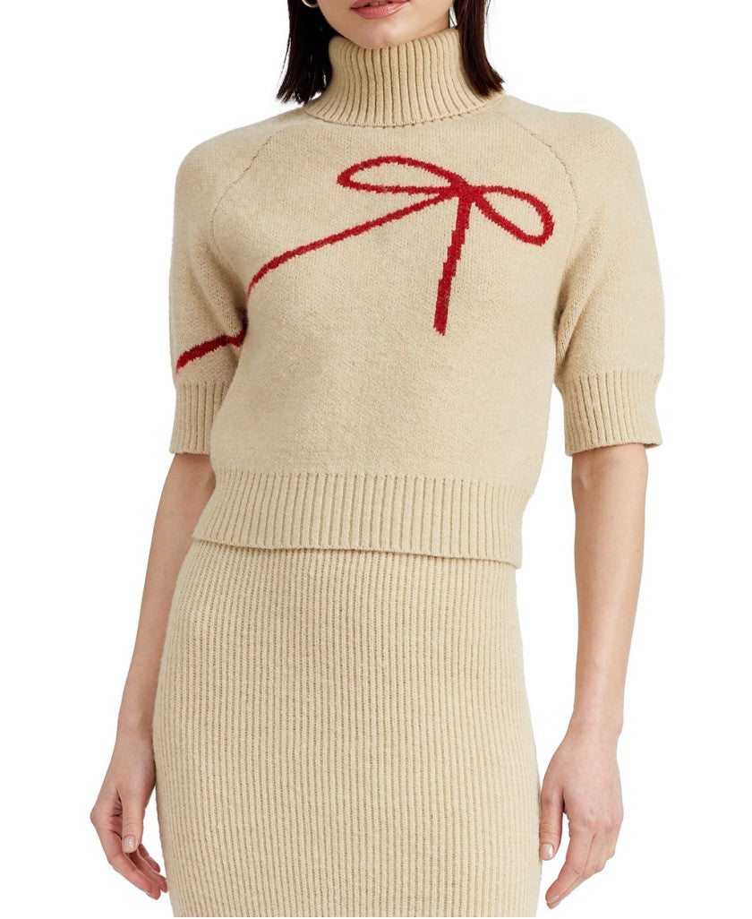 En Saison Women's Large Beige Turtleneck Sweater with Red Bow, Short NWT