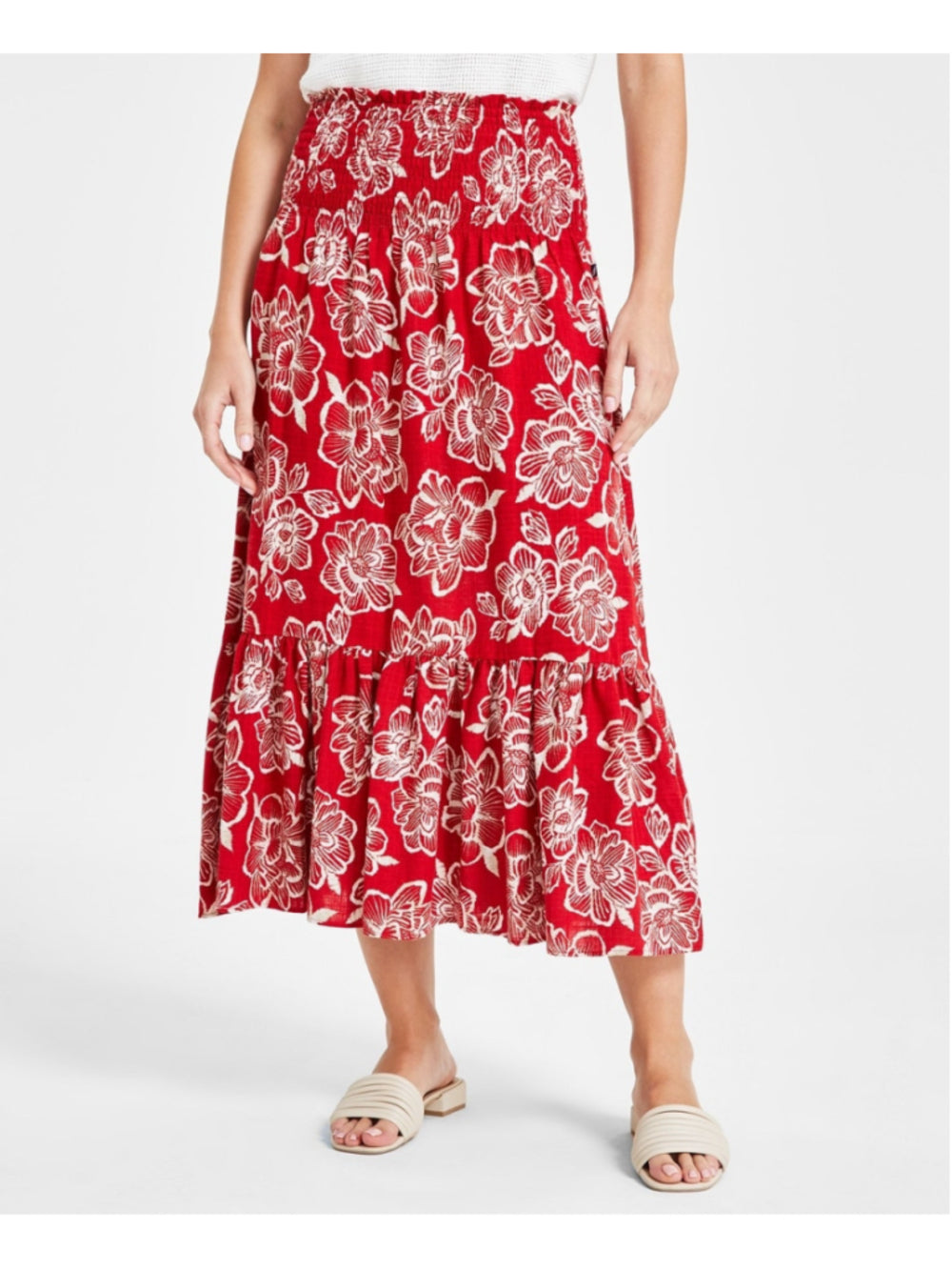 Nautica Jeans Size M Red Floral Tiered Smocked-Waist Maxi Skirt NWT