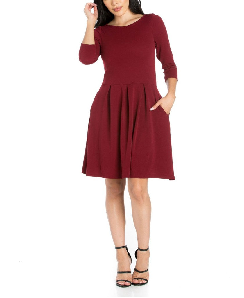 24seven Comfort Apparel Small Burgundy Fit & Flare Pocket Midi Dress NWT