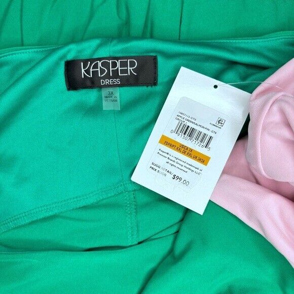 KASPER Plus Size Long-Sleeve Ruched Green & Pink Colorblocked Sheath Dress NWT