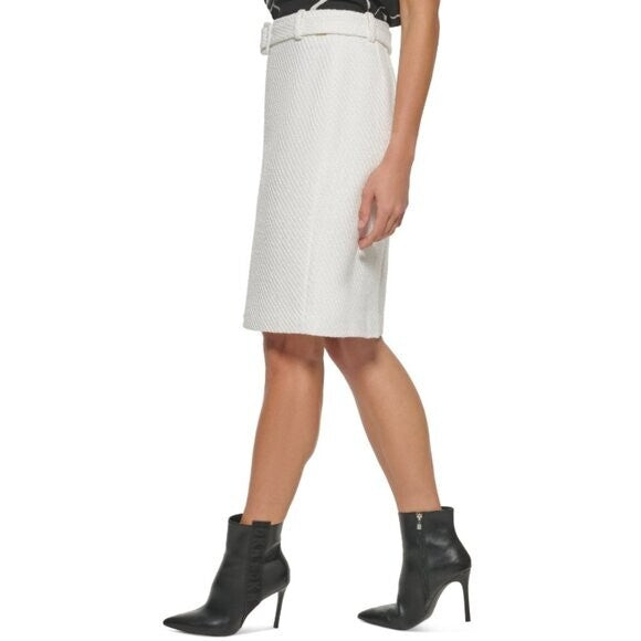 DKNY Women's Size 10 White Tweed Belted Pencil Skirt, Fully Lined NWOT