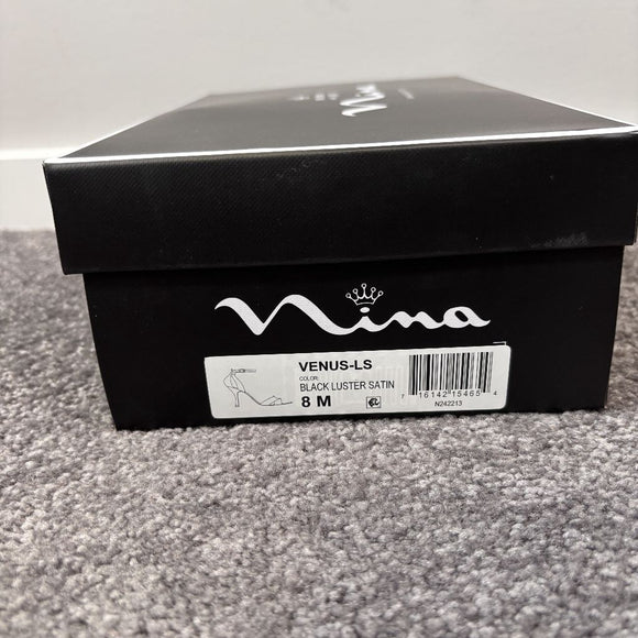 Nina Venus Women's 8 Black Satin Ankle Strap Heels / Heeled Shoes NIB