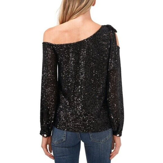 CECE Women's Black Long Sleeve Sequin Bow Detail One-Shoulder Top NWT
