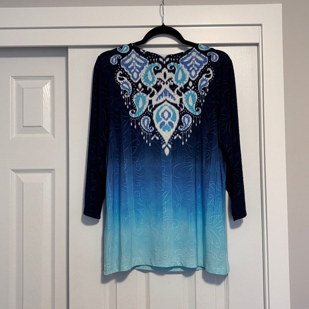JM Collection Women's Plus Size 0X Gradient Blue Ikat Jacquard Top NWT
