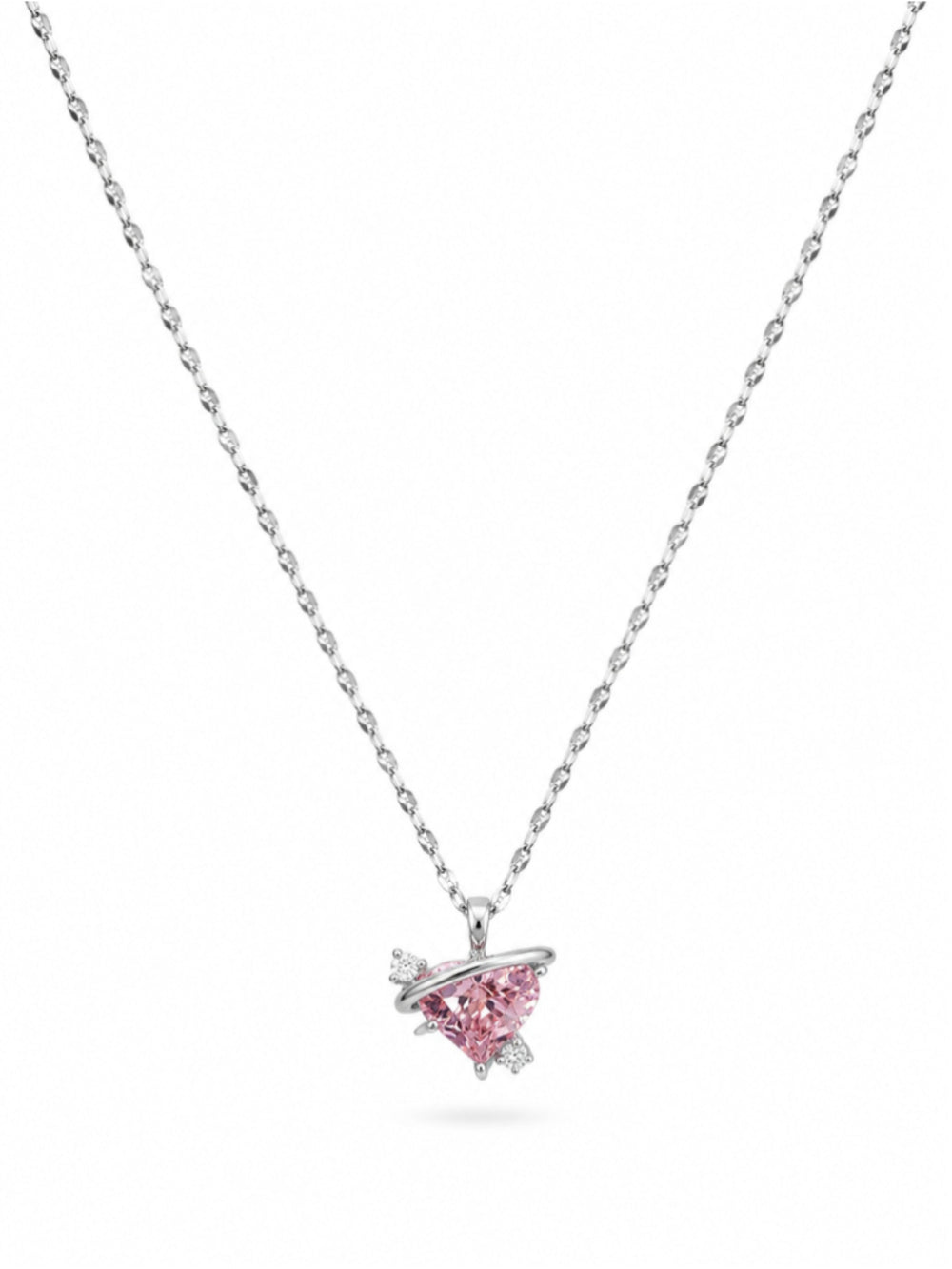 Heart Planet Pendant Silver Tone Necklace with Pink & White Cubic Zirconia NWT