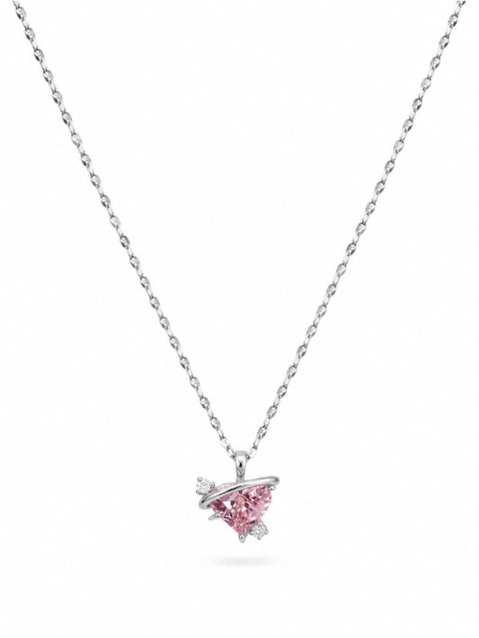 Heart Planet Pendant Silver Tone Necklace with Pink & White Cubic Zirconia NWT