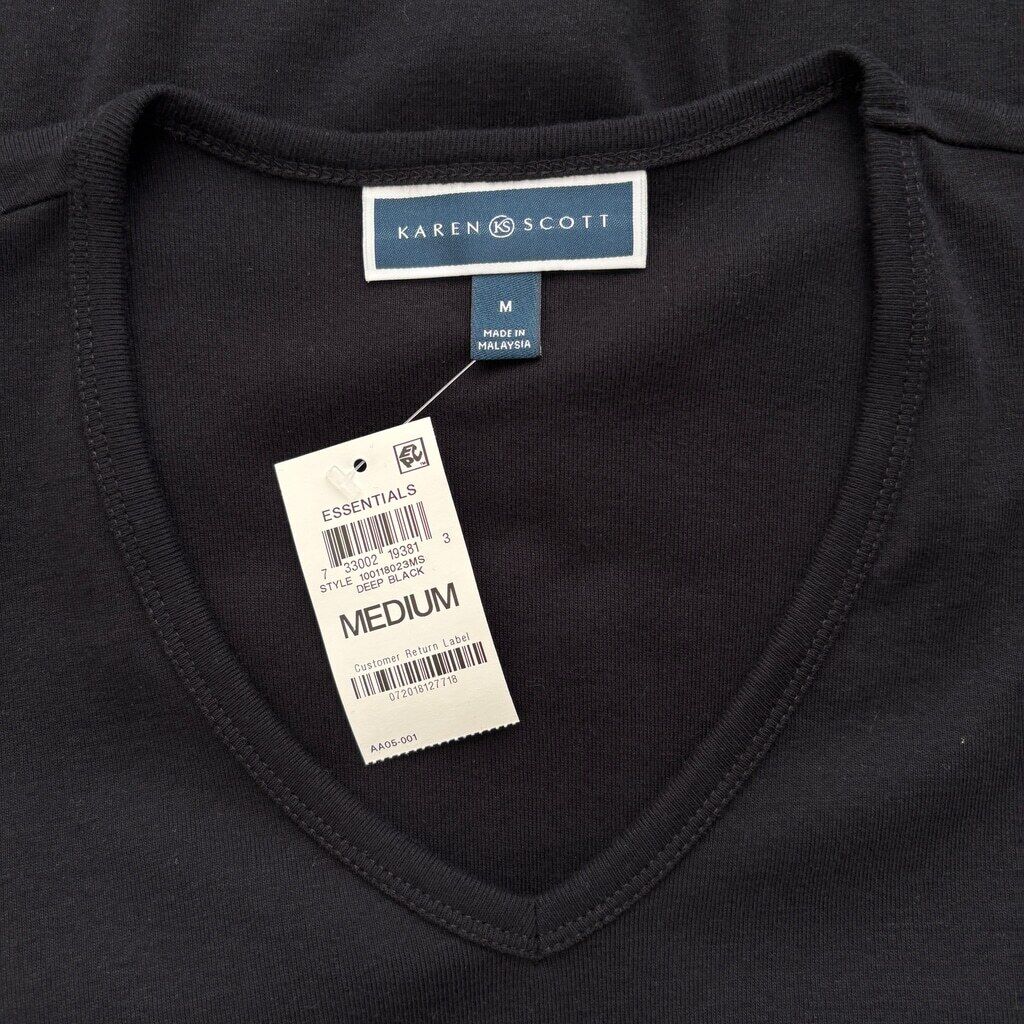 Karen Scott Women's Medium 100% Cotton Black V-Neck Top NWT.