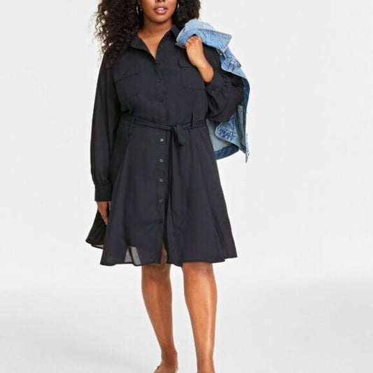 On 34th Plus Size Long-Sleeve Belted Black Shirtdress NWT