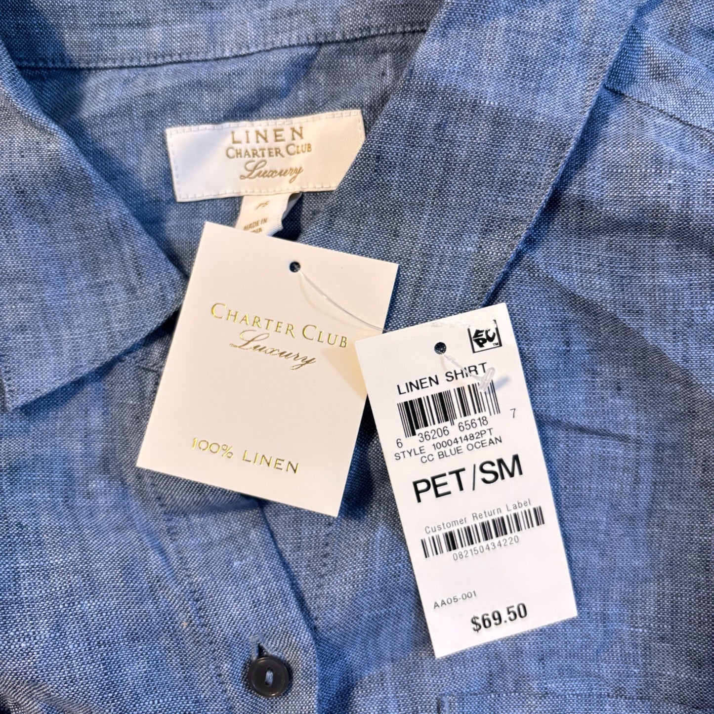 Charter Club Women's Size Petite Blue 100% Linen Button-Down Shirt NWT