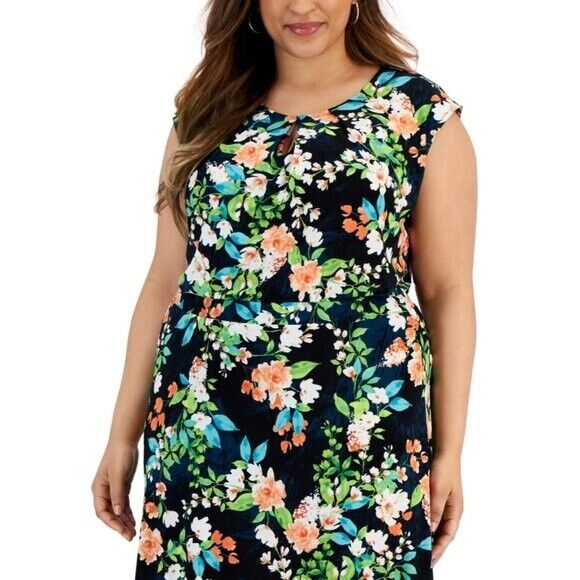 KASPER Plus Size 3X Floral-Print Keyhole Cap Sleeve Stretchy Top NWT