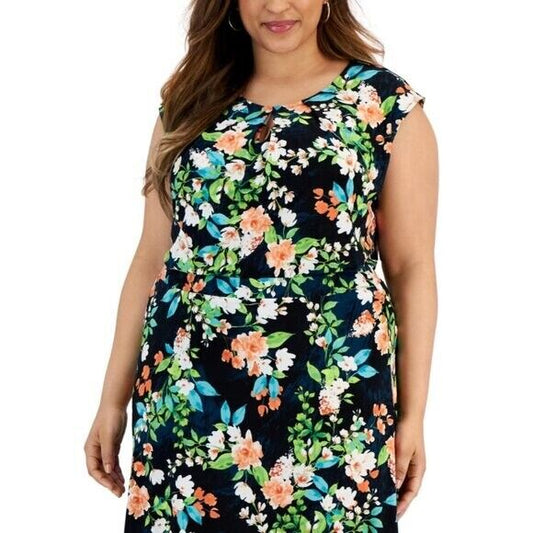 KASPER Plus Size 3X Floral-Print Keyhole Cap Sleeve Stretchy Top NWT