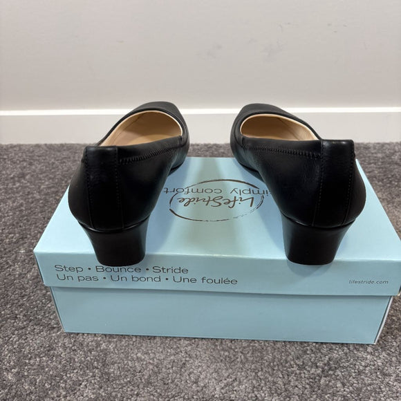 Life Stride Women's 10W Black Faux Vegan Leather Square Toe, Wedge Pumps NIB