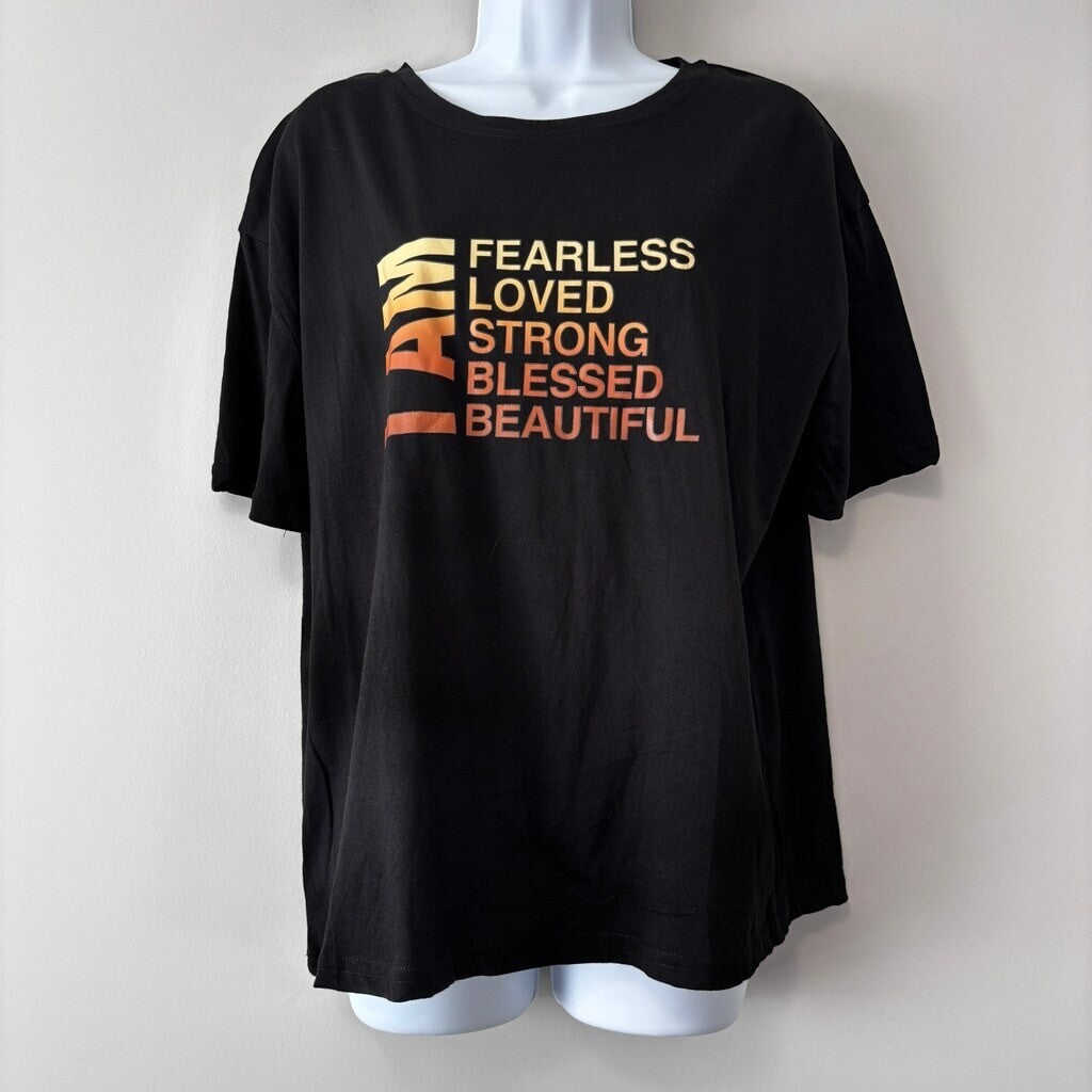 SHEIN Women's Boxy Oversized Black Graphic Tee - Fearless, Loved, Strong NIB