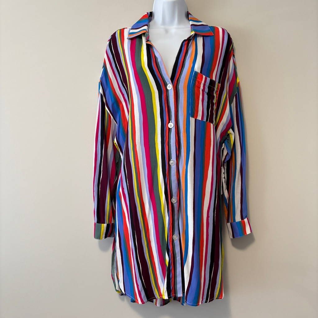 Anne Cole Women's Size Medium Multicolor Striped Oversized Cover-Up Shirt NWT