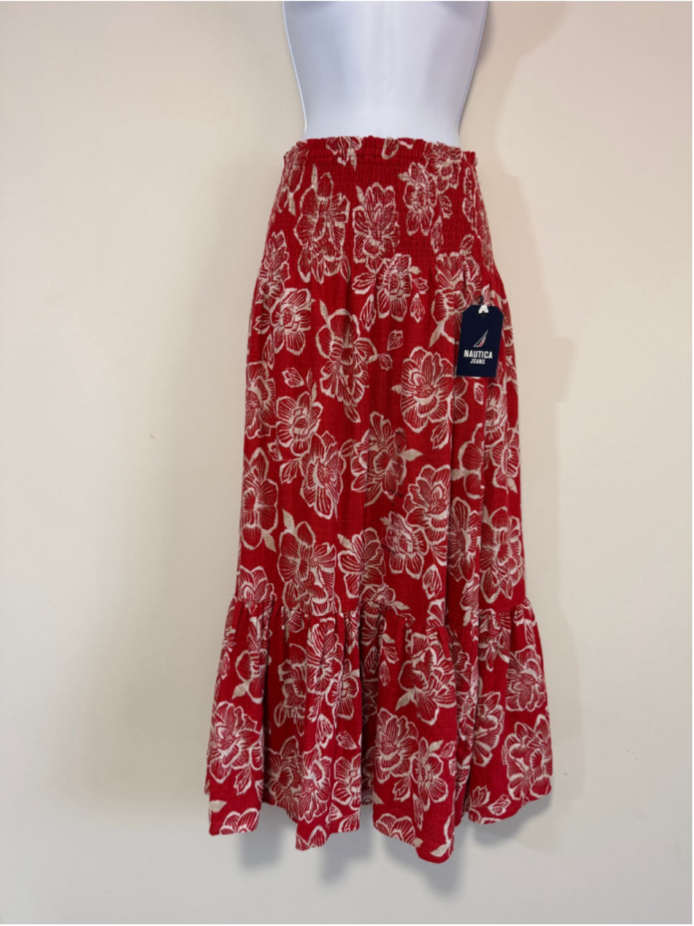 Nautica Jeans Size M Red Floral Tiered Smocked-Waist Maxi Skirt NWT