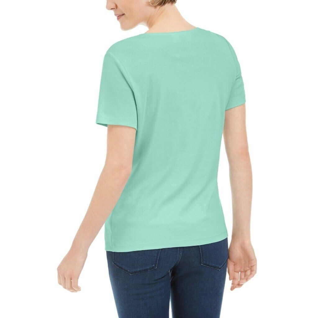 Karen Scott Women's Petite Aqua Colored 100% Cotton Scoop Neck Top NWT
