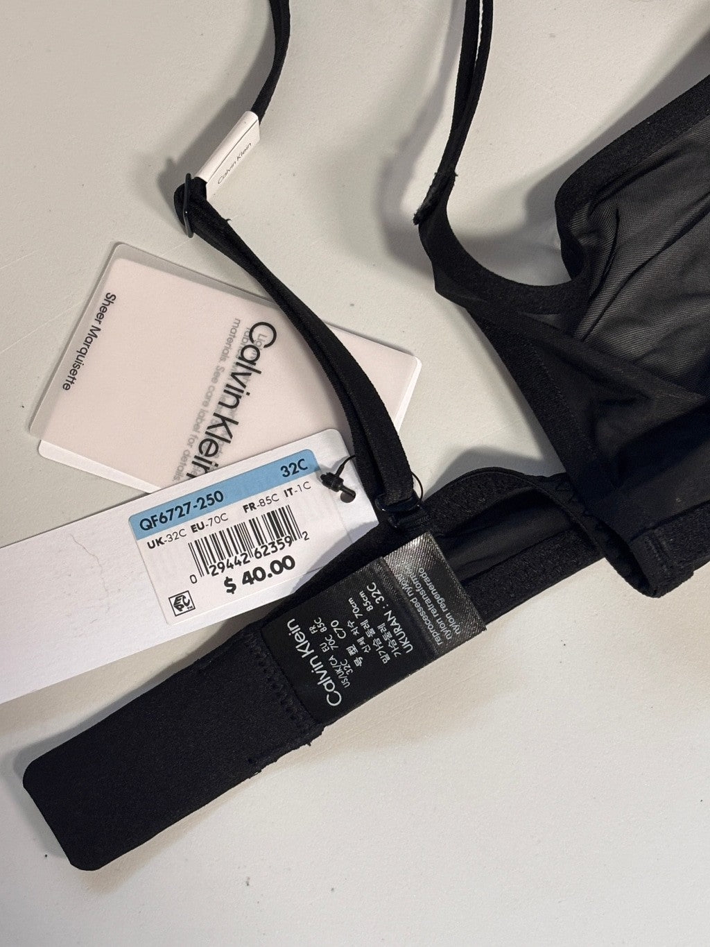 Calvin Klein 32C Black Sheer Marquisette Underwire Plunge Bra NWT